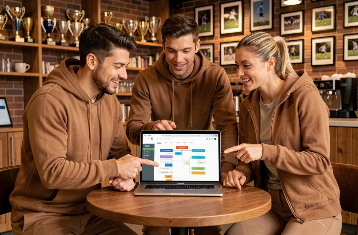Groupe de sportifs discutant ensemble des rubriques d'un site sportif sur un ordinateur portable dans un club