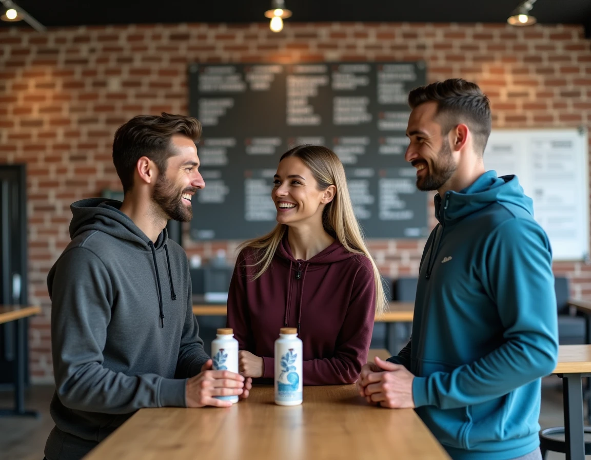 Groupe de sportifs discutant de nutrition et d'actualités sportives dans un studio de bien-être moderne