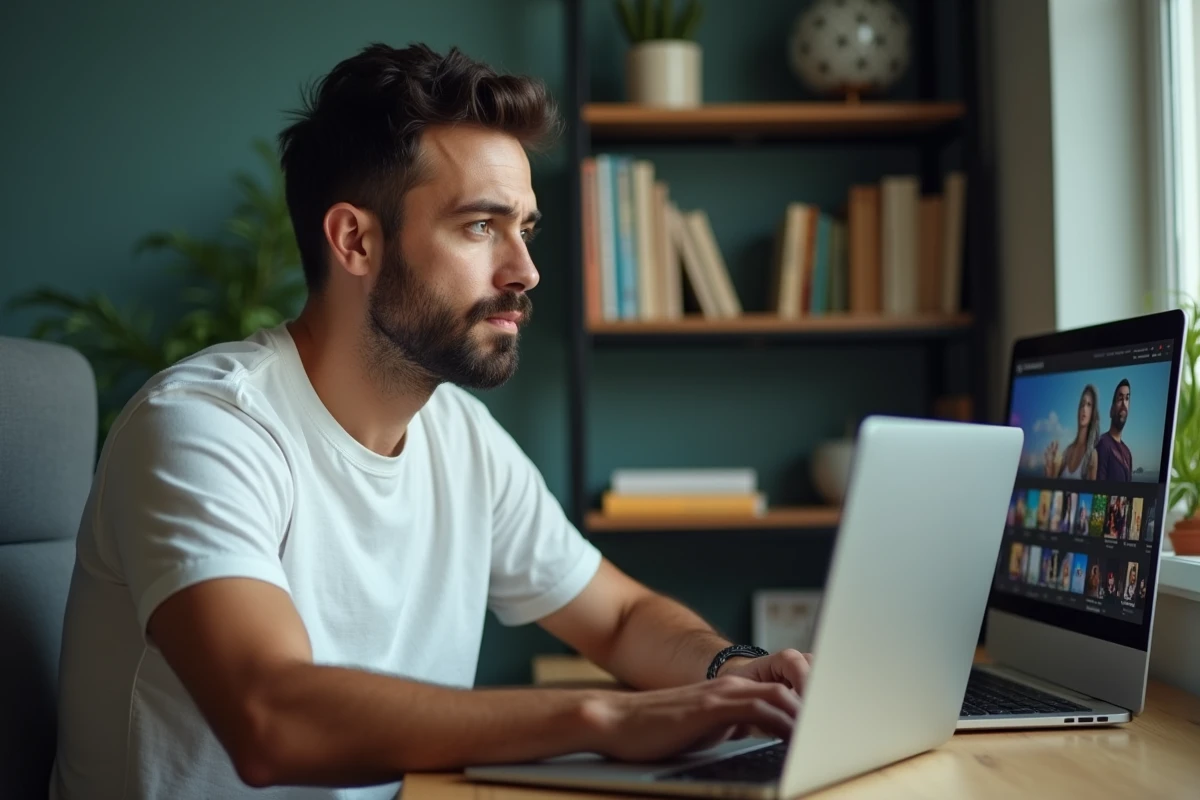 Homme consultant des alternatives légales de streaming sur son ordinateur portable dans un bureau à domicile