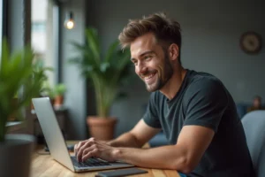 Homme assis à un bureau urbain utilisant un ordinateur portable