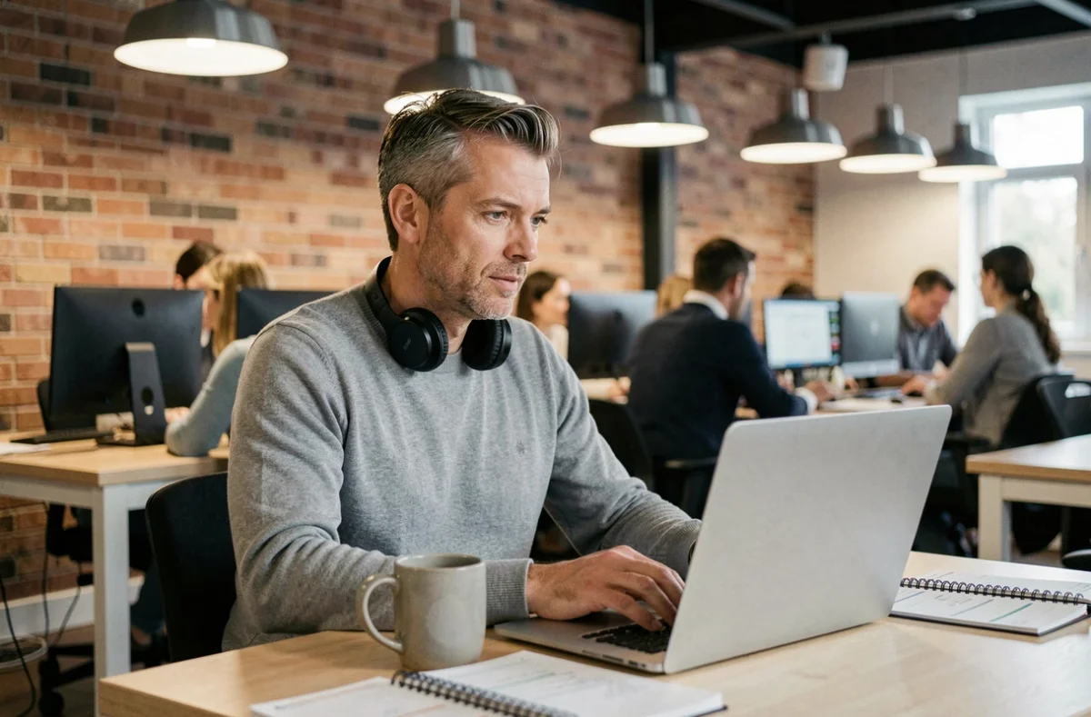 Homme en formation professionnelle en ligne dans un espace de coworking moderne avec laptop et écouteurs