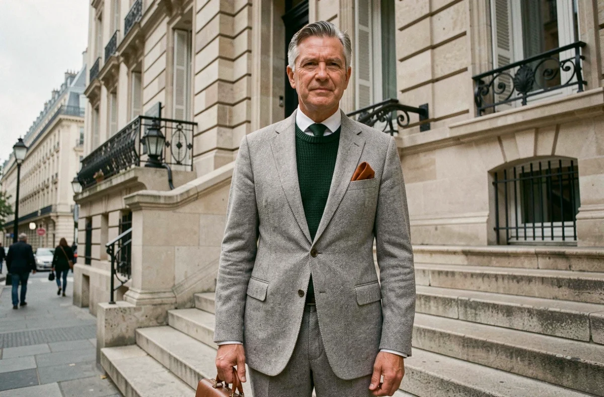 Homme mature en costume gris à cravate verte et pochette rouille devant un immeuble haussmannien à Paris