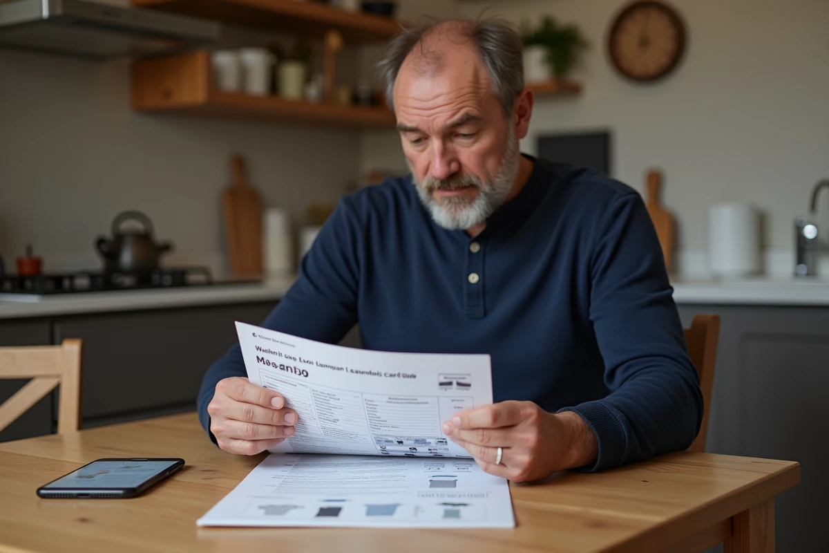 Homme consultant le manuel d'utilisation Valberg pour décrypter les symboles d'essorage à la table de cuisine