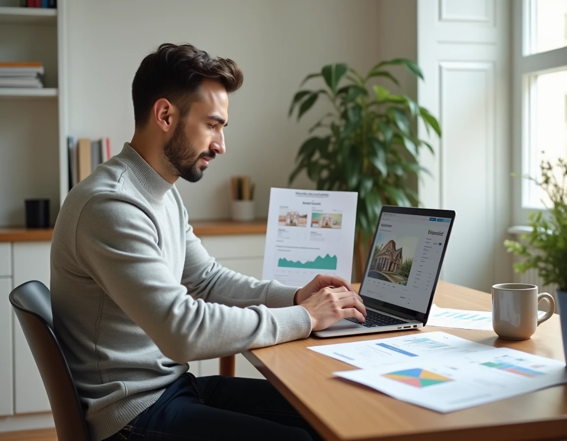 Homme analysant des offres immobilières et documents financiers dans un bureau à domicile