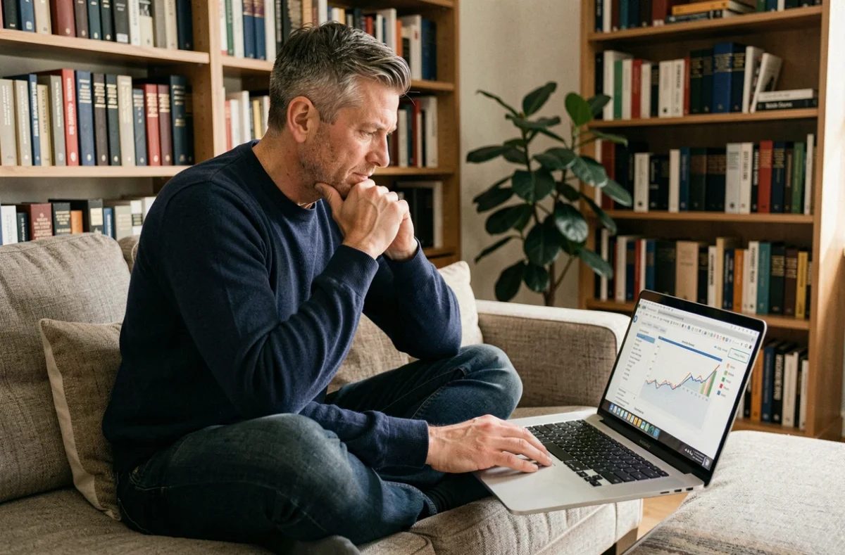 Homme consultant les résultats d'un bilan de compétences sur un ordinateur portable à la maison