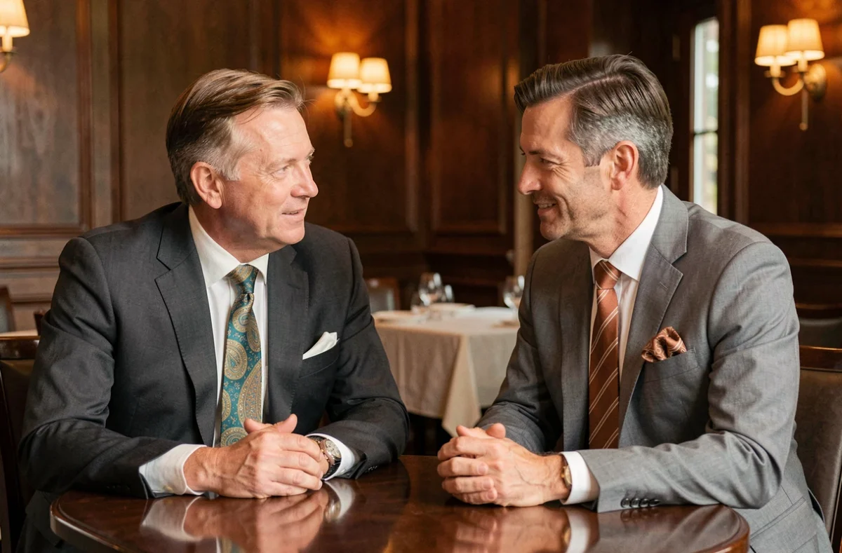 Deux hommes d'affaires en costume avec cravates et pochettes assorties attablés dans un restaurant chic