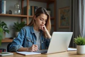 Jeune femme en bureau moderne avec ordinateur portable