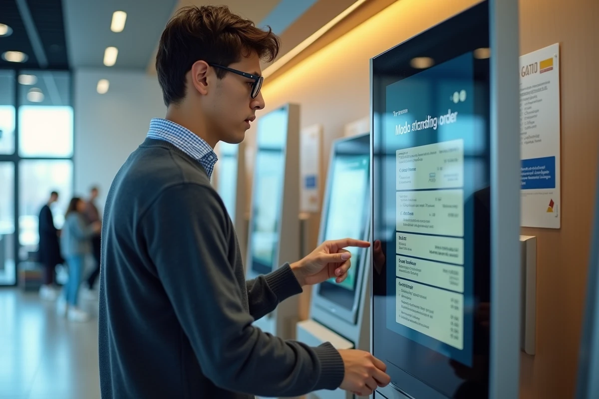 Jeune homme utilisant un kiosque bancaire dans une agence moderne