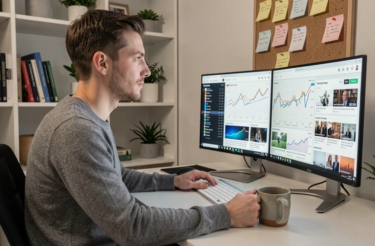 Jeune professionnel consultant des tableaux de bord financiers sur double écran depuis son bureau à domicile