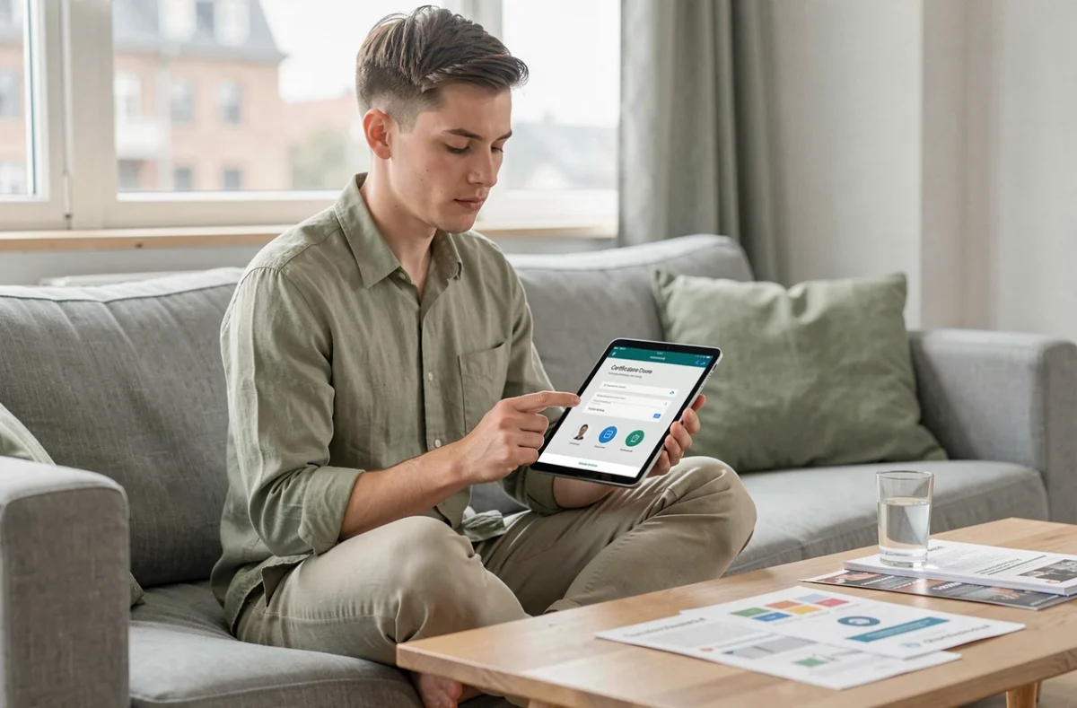 Jeune professionnel apprenant en ligne sur une tablette confortablement installé dans un salon moderne