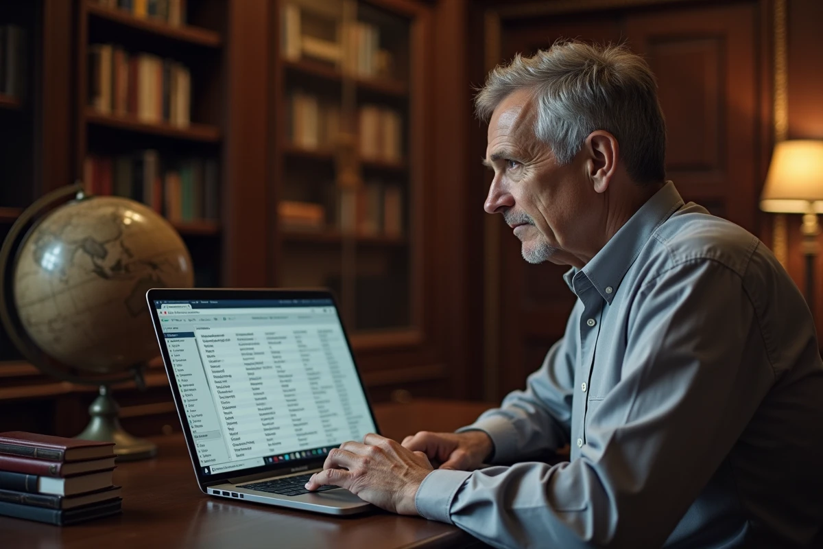 Homme aux tempes grises consultant la bibliothèque de magazines en ligne MagazineLib.com depuis un bureau en noyer dans un cabinet d'études
