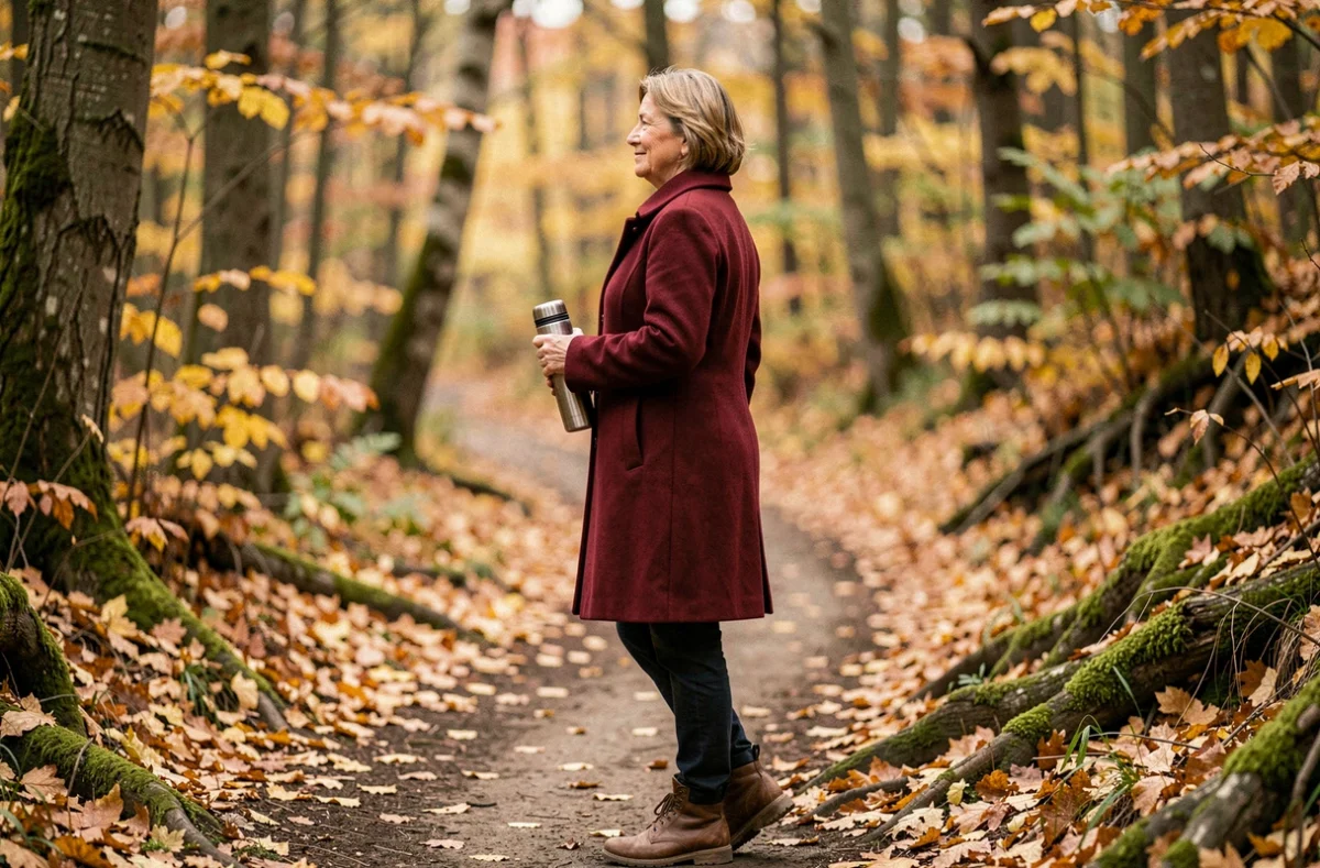 Femme d'une cinquantaine d'années marchant en forêt en automne pour prendre soin de sa santé mentale et améliorer son bien-être au quotidien