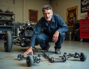 Mécanicien spécialisé inspectant un kit de transformation moto en trike dans un atelier de mécanique professionnel