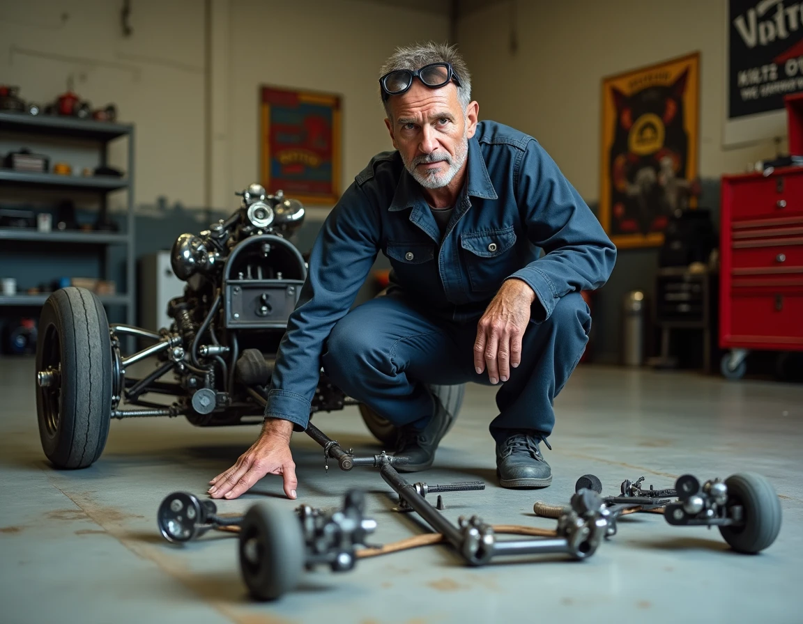 Mécanicien spécialisé inspectant un kit de transformation moto en trike dans un atelier de mécanique professionnel