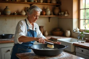 Femme nettoyant une plaque à socca en fonte avec une brosse dans une cuisine provençale traditionnelle