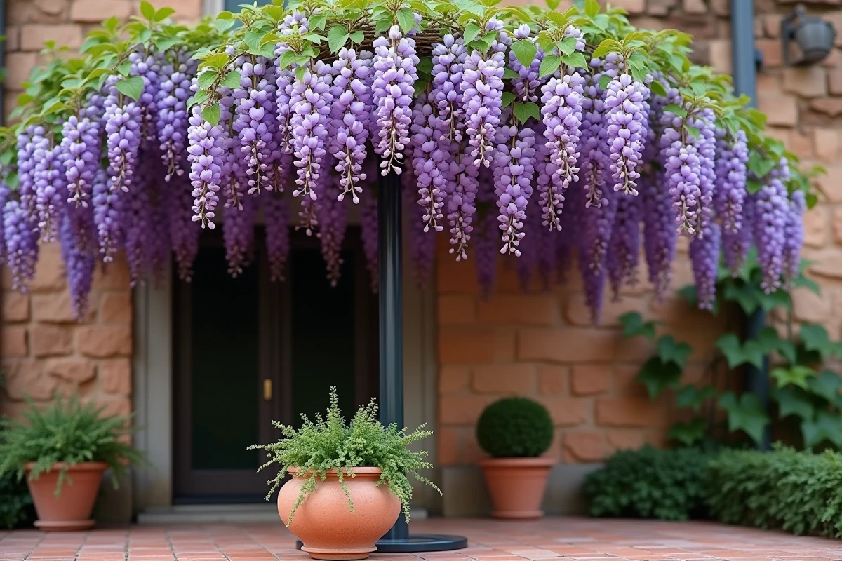 Parasol de glycine formé sur une armature en fer forgé avec grappes de fleurs violettes, décoration jardin méditerranéen avec pots en céramique