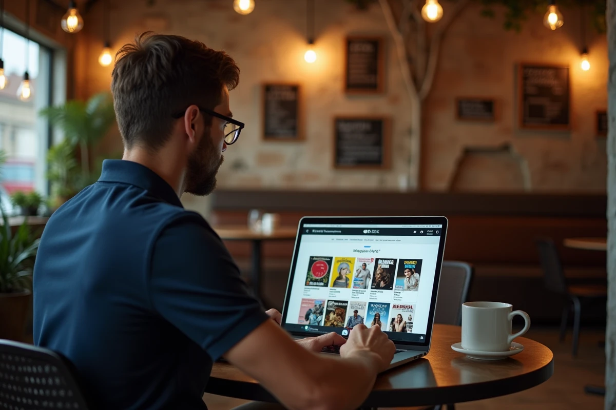 Homme en polo marine consultant PDF Magaz Club sur un ordinateur portable dans un café au design industriel