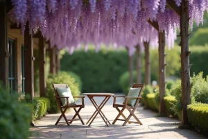 Tonnelle de glycine en fleurs violettes au-dessus d'une table de jardin en teck, idée déco pergola pour jardin fleuri au printemps