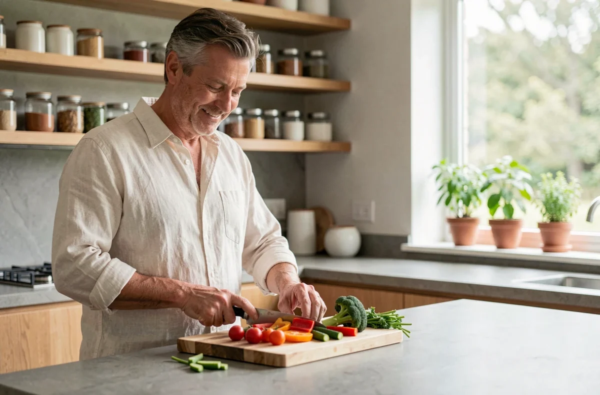 Homme préparant un repas sain avec des légumes colorés dans une cuisine moderne pour soutenir une alimentation équilibrée et le bien-être durable