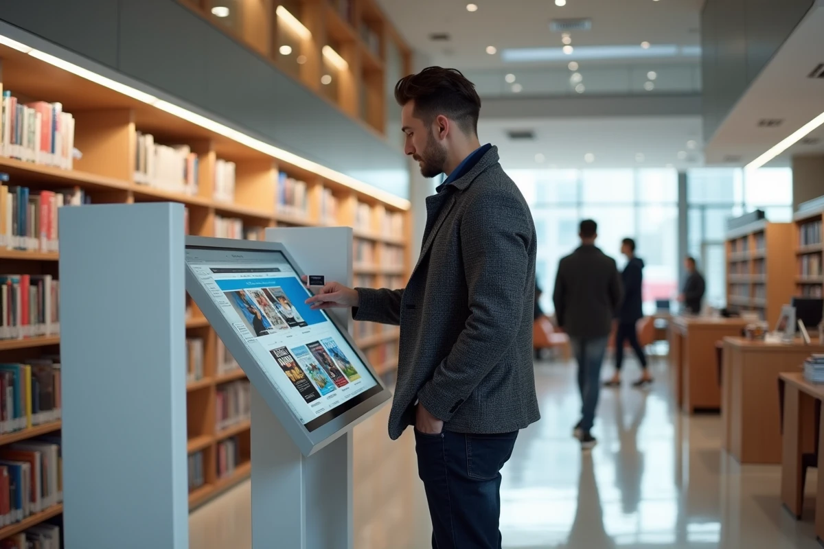 Homme en veste en chevrons accédant à PressReader sur une borne numérique interactive dans une bibliothèque publique moderne avec sa carte de bibliothèque