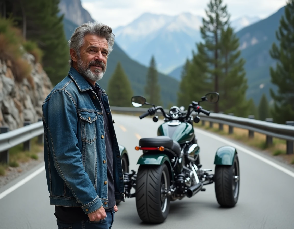 Homme posant fièrement à côté de sa moto touring transformée en trike personnalisé sur une route de montagne pittoresque