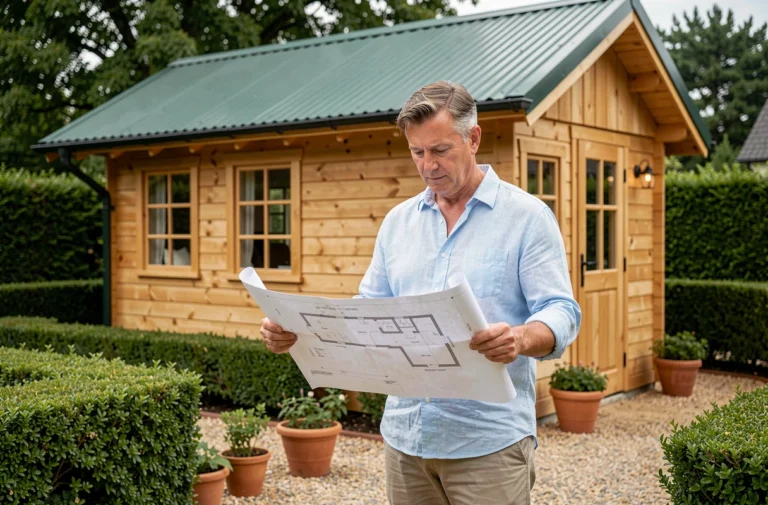 Propriétaire examinant les plans de construction d'un abri de jardin en bois dans son jardin