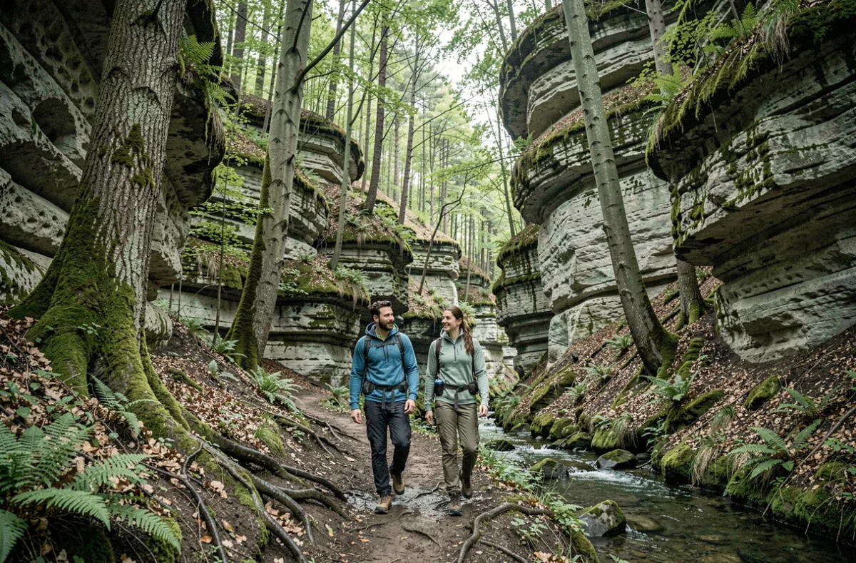 Couple en randonnée dans les formations rocheuses du Mullerthal, la petite Suisse luxembourgeoise