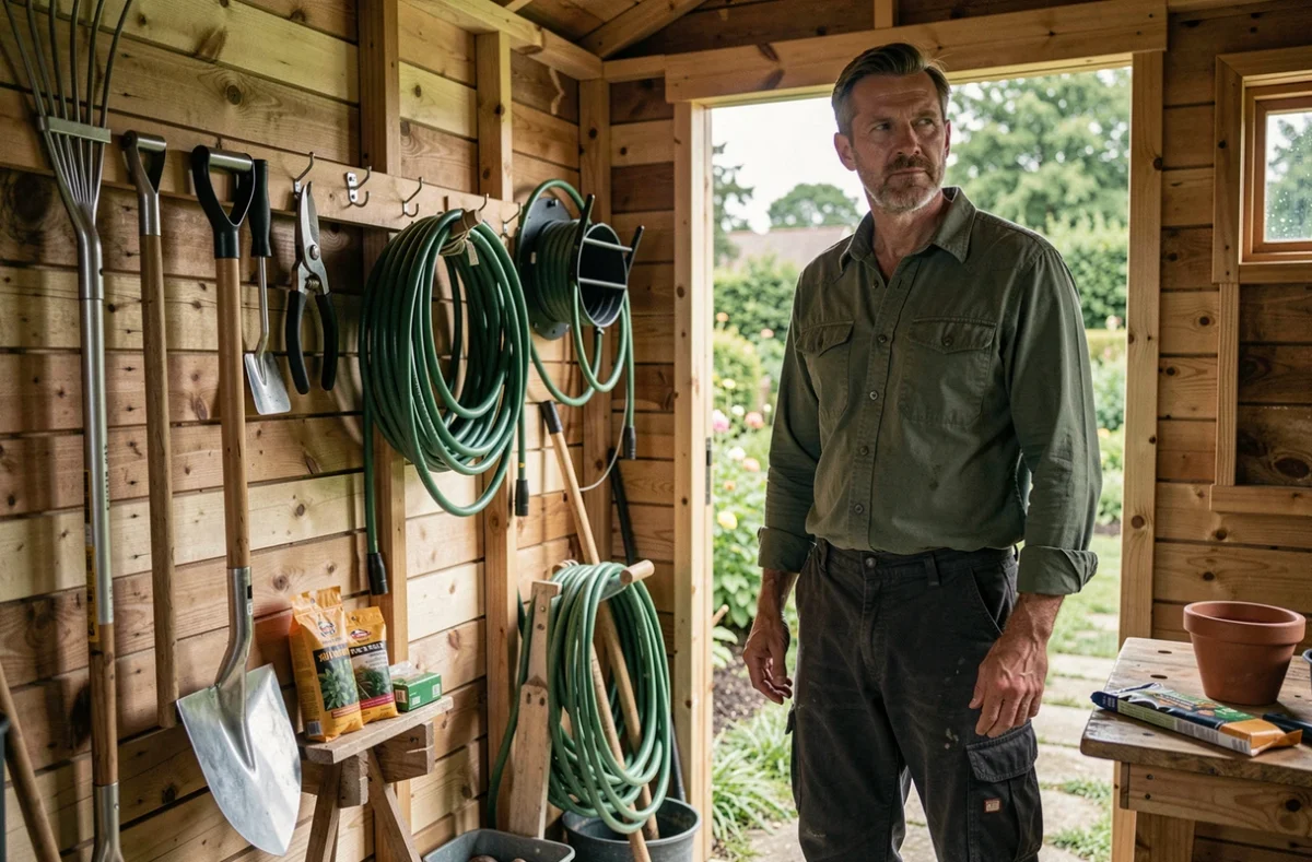 Remise de jardin bien organisée avec des outils de jardinage essentiels rangés sur des crochets en bois
