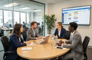 Groupe de professionnels en réunion d'affaires autour d'une table de conférence moderne dans un bureau contemporain
