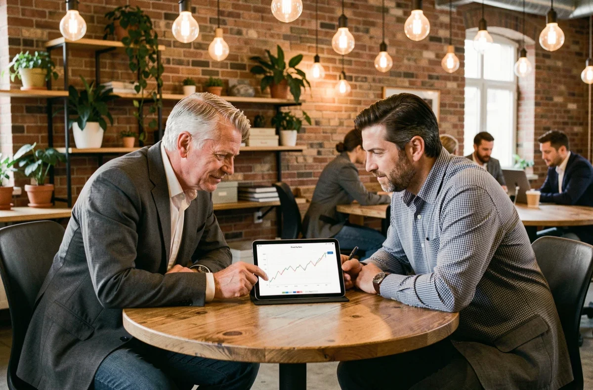 Deux professionnels discutant des tendances de financement autour d'une tablette dans un espace de coworking