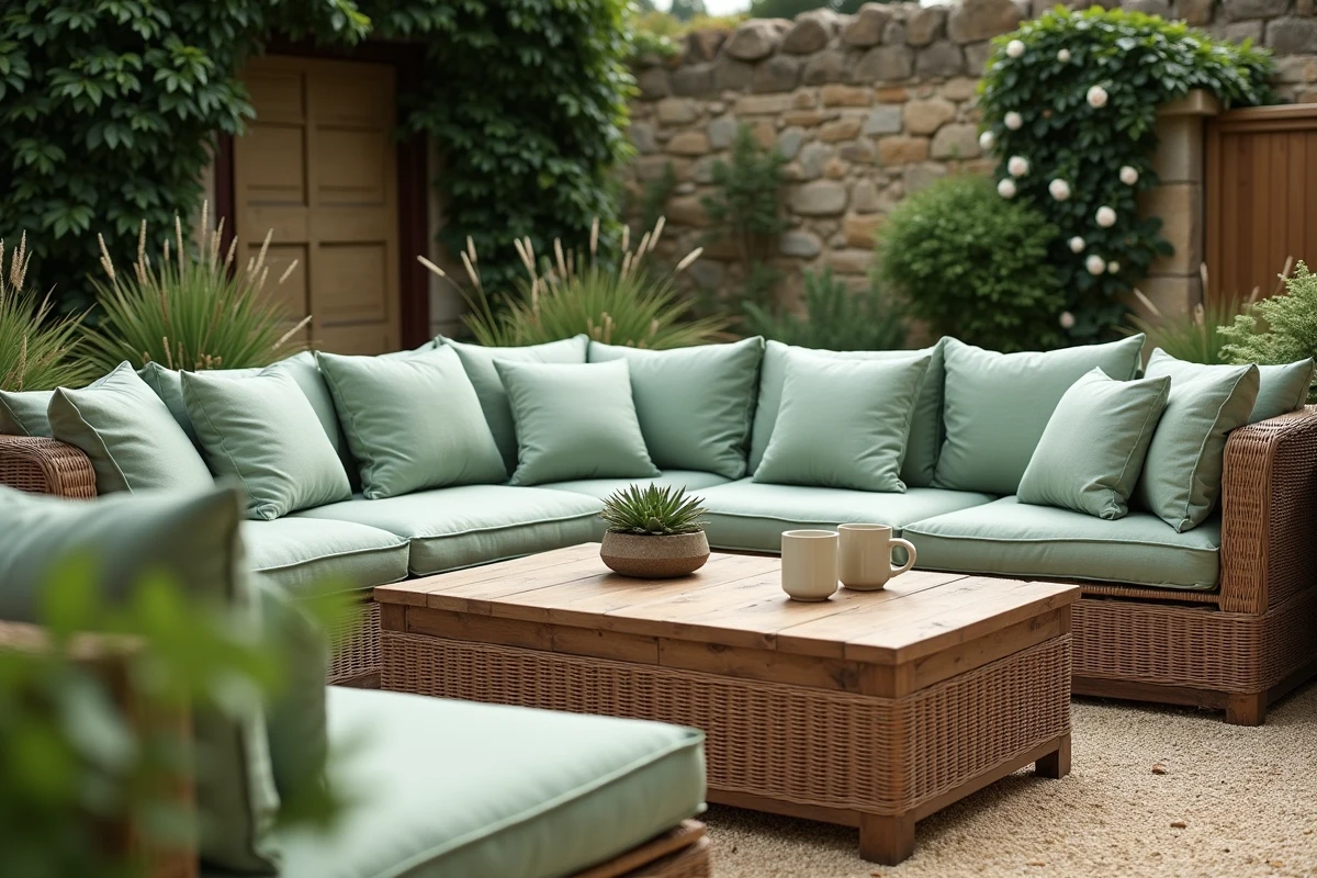 Salon de jardin extérieur avec canapé en rotin et coussins en lin vert sauge contre un mur de pierre couvert de lierre