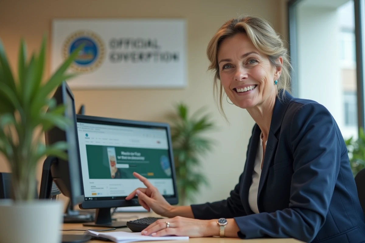 Femme en blazer marine présentant la section téléchargement de magazines d'un site institutionnel municipal sur un ordinateur de bureau