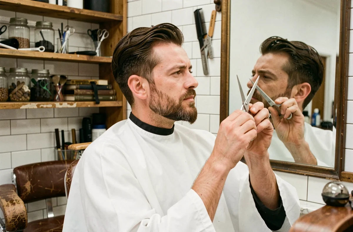 Homme taillant sa barbe en pointe avec des ciseaux professionnels devant un miroir de barbier vintage