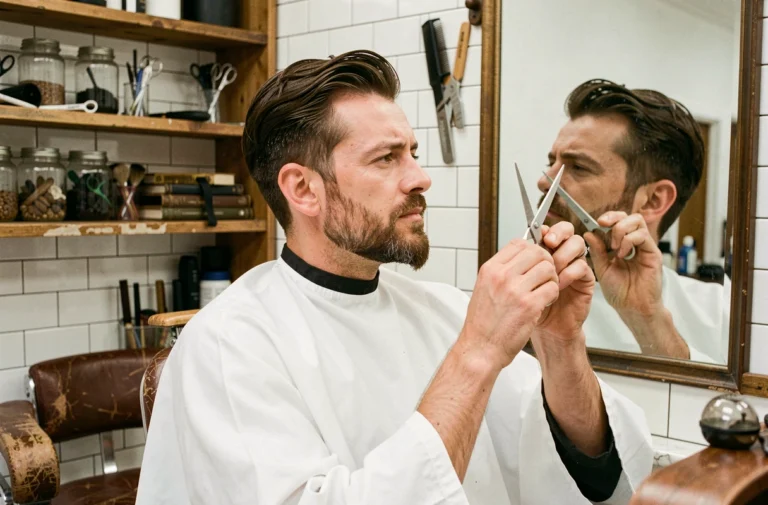 Homme taillant sa barbe en pointe avec des ciseaux professionnels devant un miroir de barbier vintage