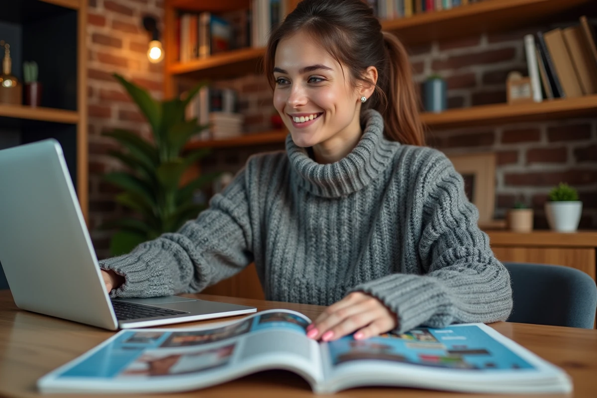 Jeune femme parcourant des magazines en PDF sur son ordinateur portable entourée de magazines imprimés empilés sur un bureau en bois