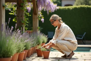 Femme aménageant une terrasse en pierre avec des pots de lavande et de romarin sous une pergola en bois