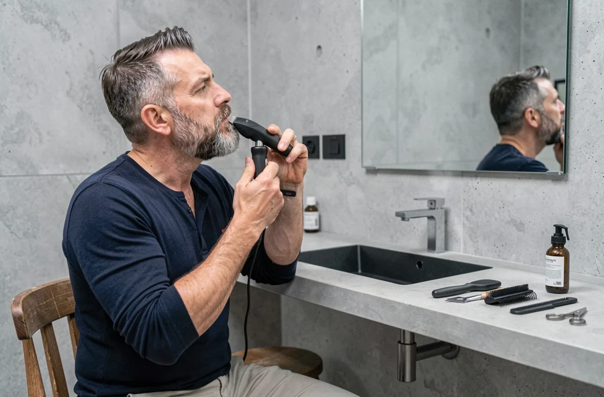 Homme utilisant une tondeuse à barbe de précision dans une salle de bain moderne pour sculpter une barbe en pointe