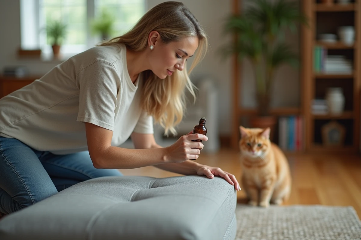 Femme appliquant du vinaigre blanc comme répulsif sur un canapé pour éloigner son chat