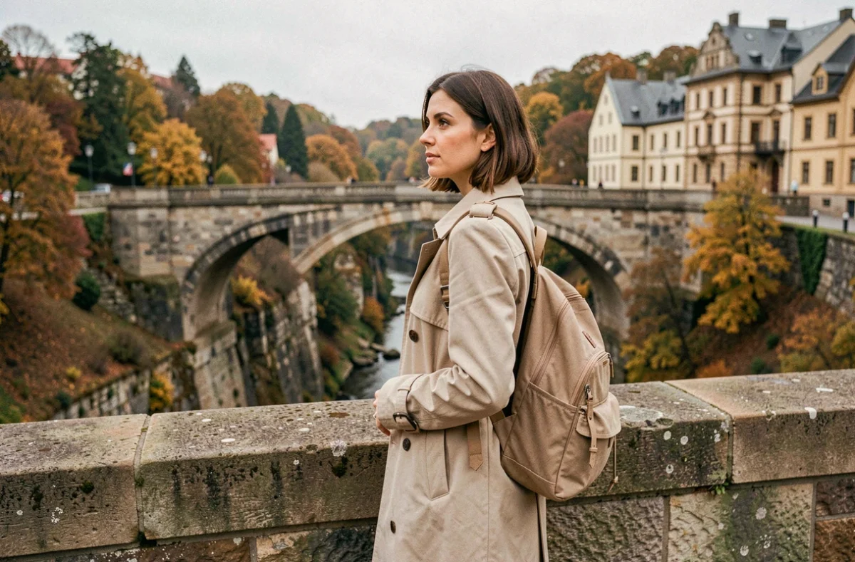 Voyageuse sur le Pont Adolphe à Luxembourg-Ville avec vue sur la vallée de la Pétrusse en automne
